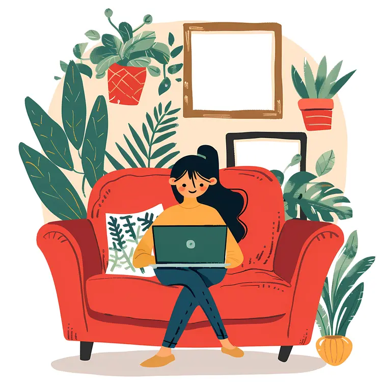 Woman Working on Laptop in Cozy Home Setting