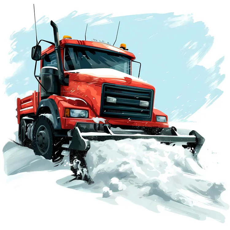 Red Snow Plow Truck in Winter