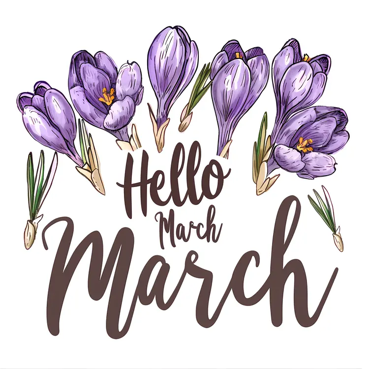 Hello March with Purple Flowers Illustration
