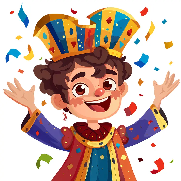 Cartoon Child with Crown and Confetti