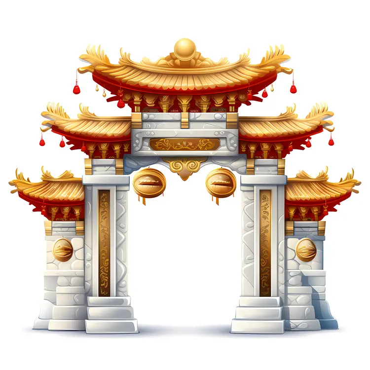 Golden Traditional Gate with Lanterns