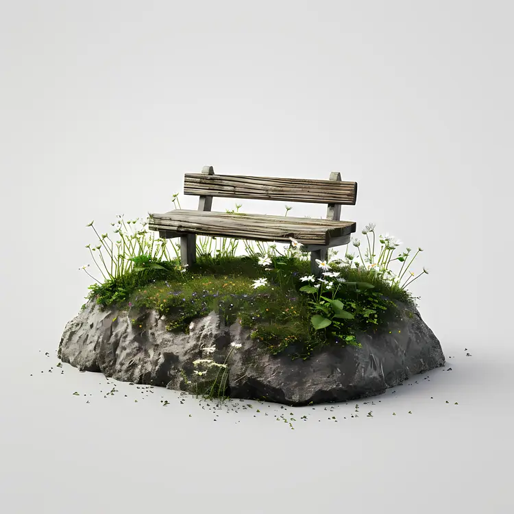 Wooden Bench on Grass with Flowers