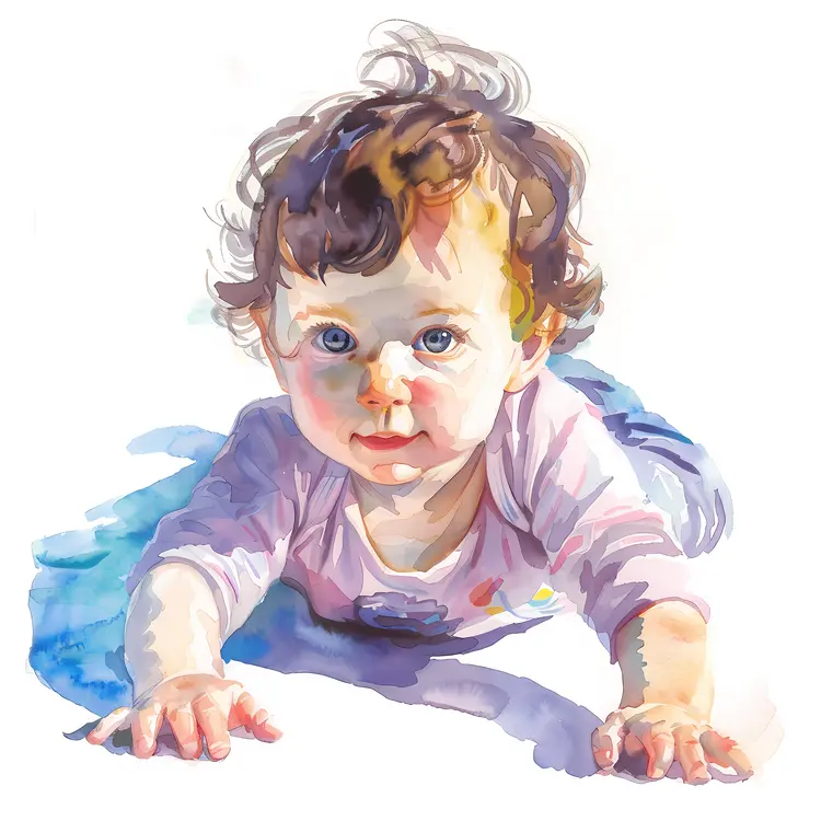 Crawling Baby with Blue Eyes in Watercolor Art