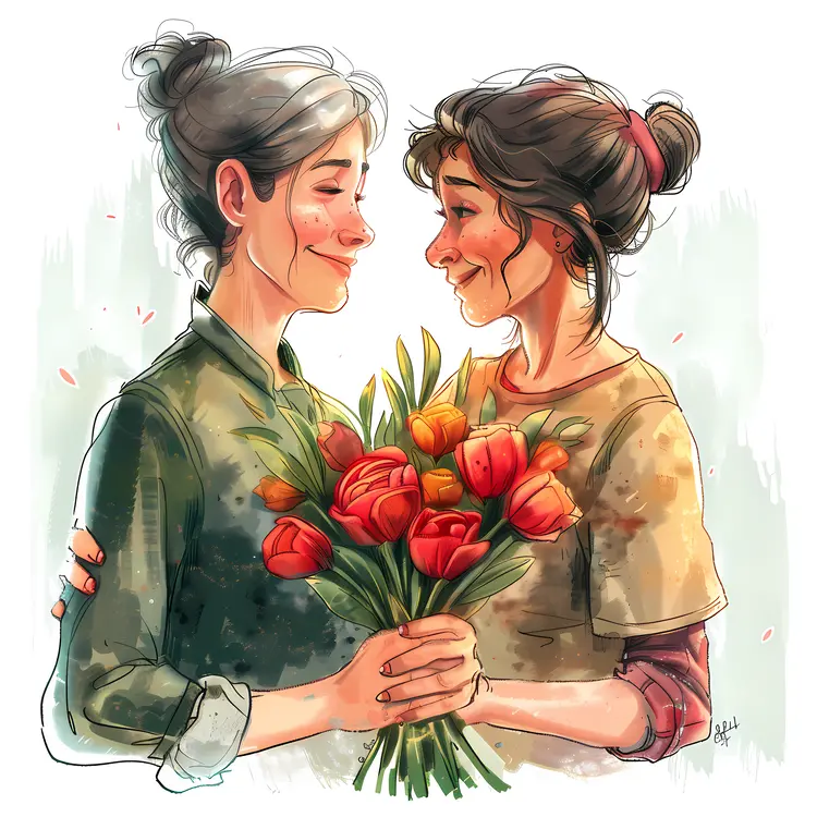 Two Women with Flowers Illustration