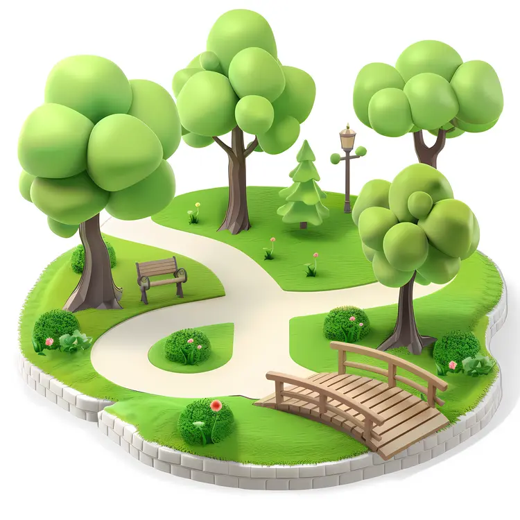 Green Trees in a Park with a Pathway and Bridge
