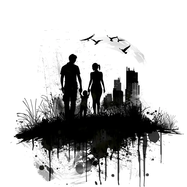 Black and White Silhouette of Family with Cityscape
