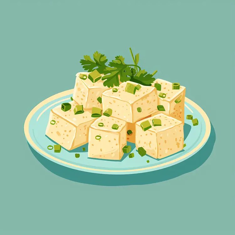 Tofu Cubes on a Plate with Cilantro