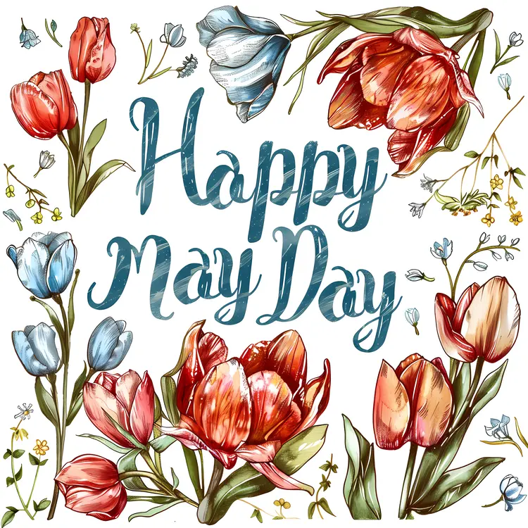 Happy May Day with Tulips and Flowers