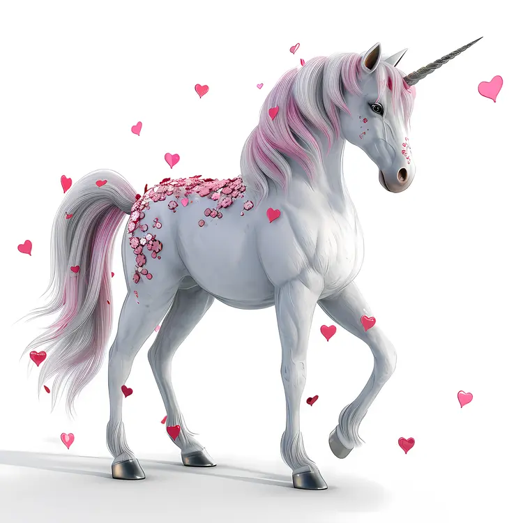 Unicorn with Pink Mane and Hearts