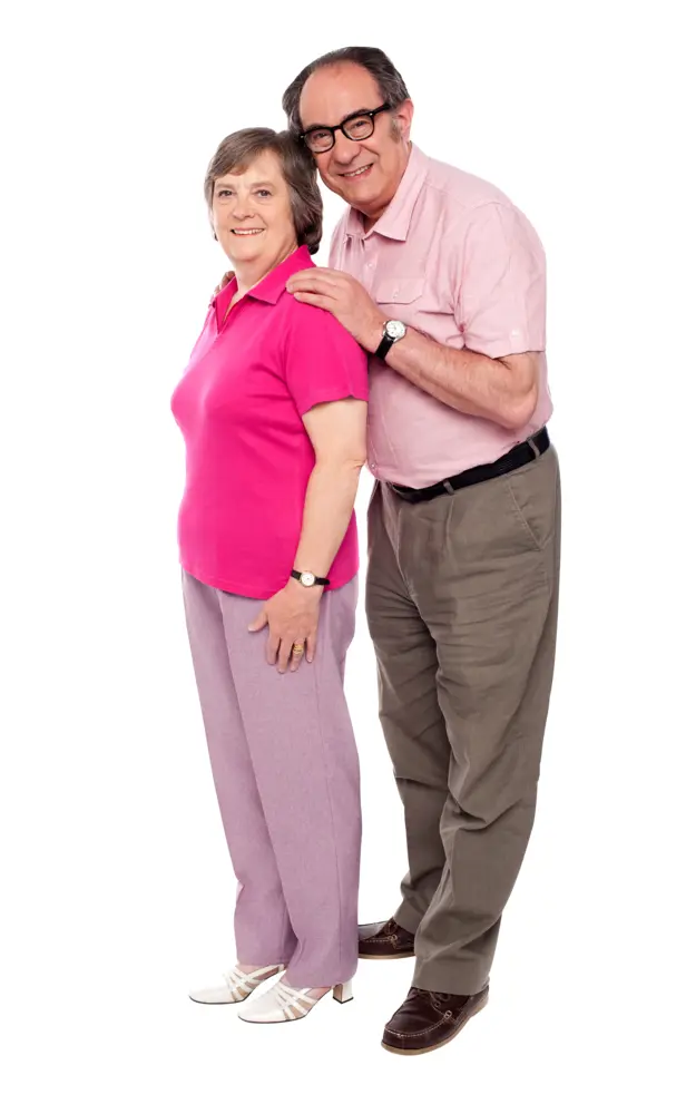 Elderly Couple in Pink and Purple Clothes