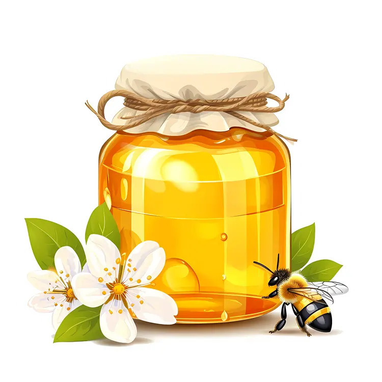 Golden Honey Jar with Bee and Flowers