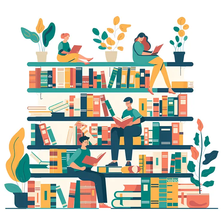 People Reading on Bookshelf