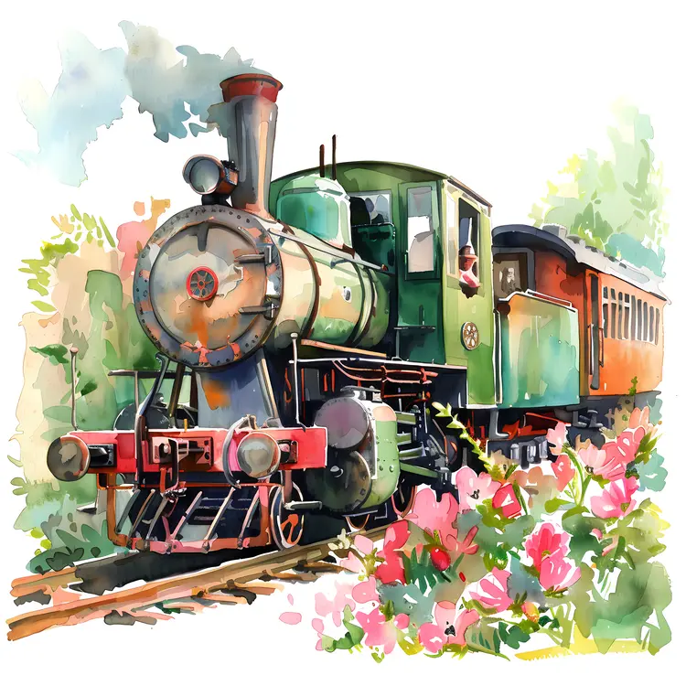 Green Steam Train with Flowers