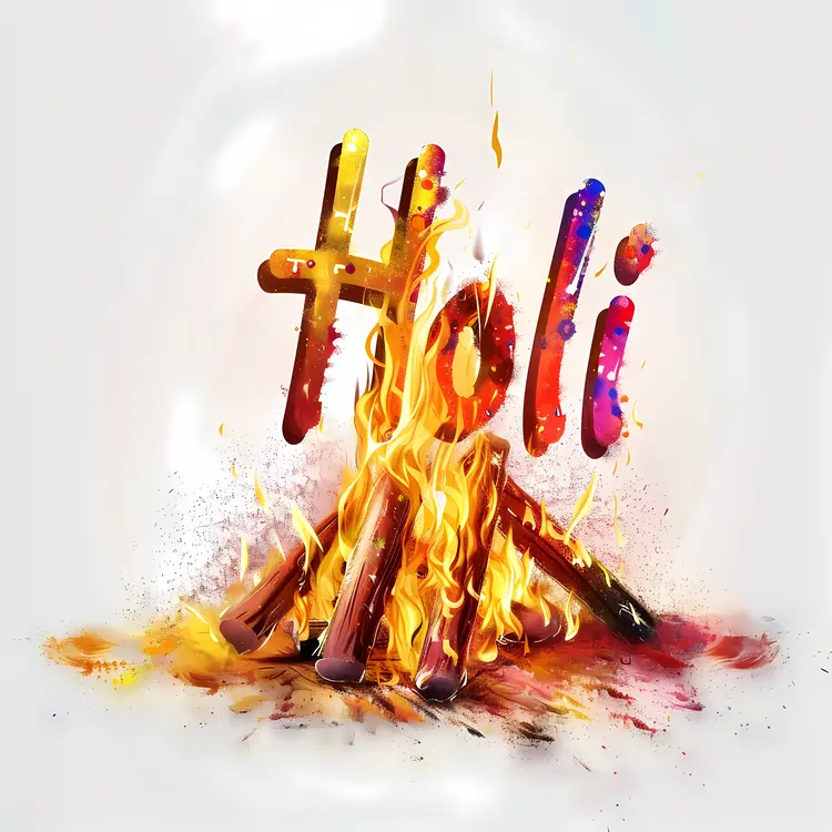 Holi Bonfire with Colorful Text