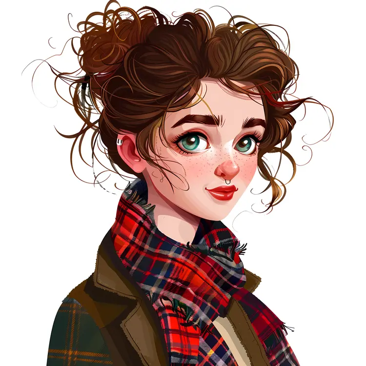 Beautiful Girl Character with Red Scarf and Coat