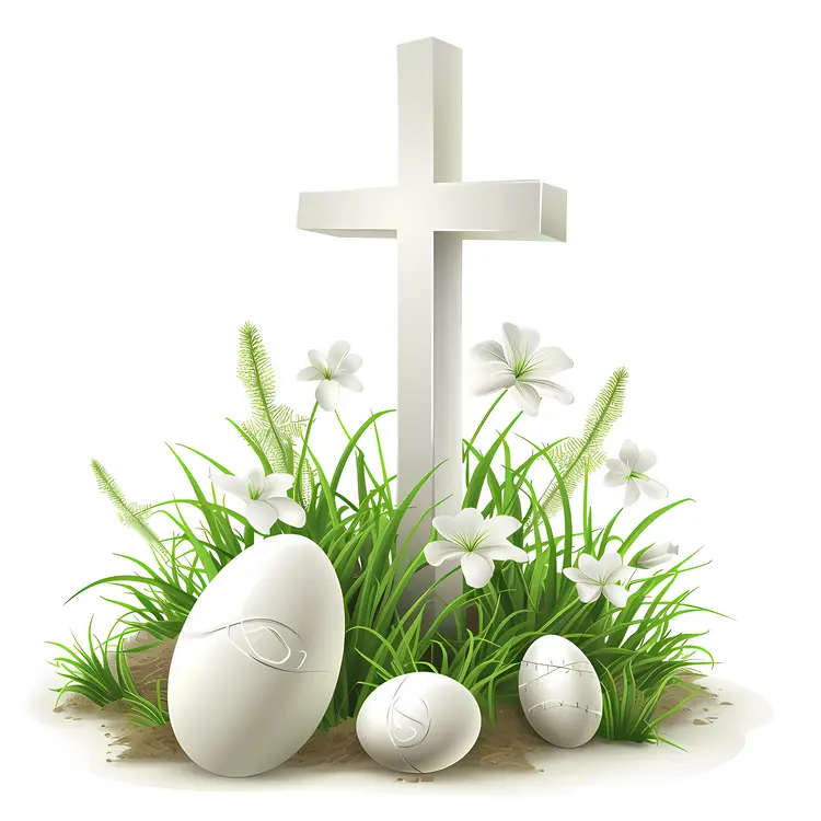 White Cross with Easter Eggs and Grass