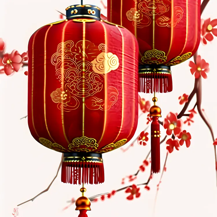 Traditional Red Lanterns with Cherry Blossoms for Chinese New Year