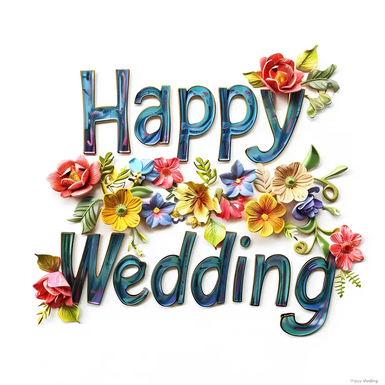 Happy Wedding Text with Colorful Flowers