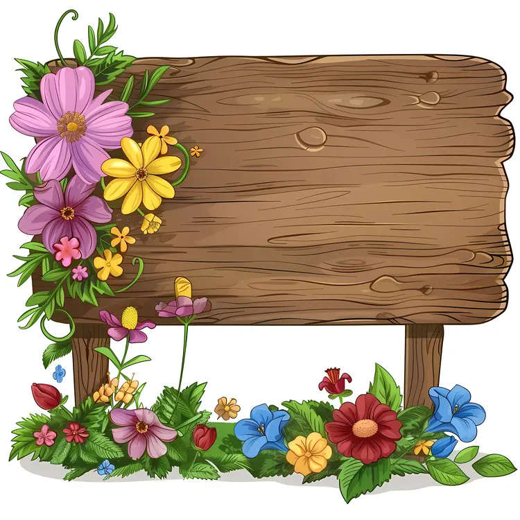 Wooden Sign with Colorful Garden Flowers