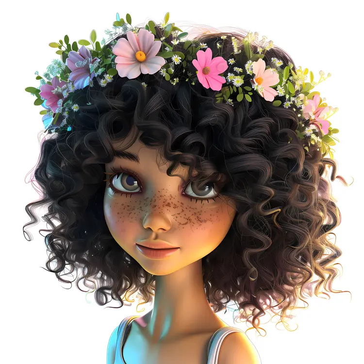 Girl with Curly Hair and Flower Crown