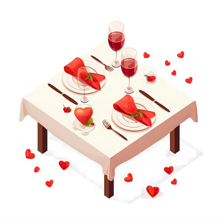 Romantic Dinner Table with Wine and Hearts