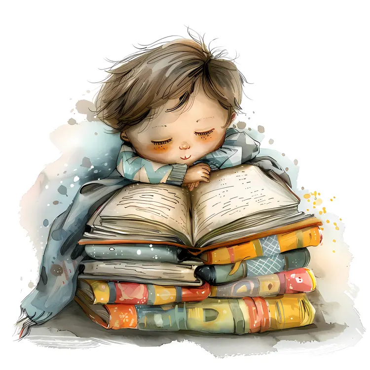 Child Sleeping on a Stack of Books