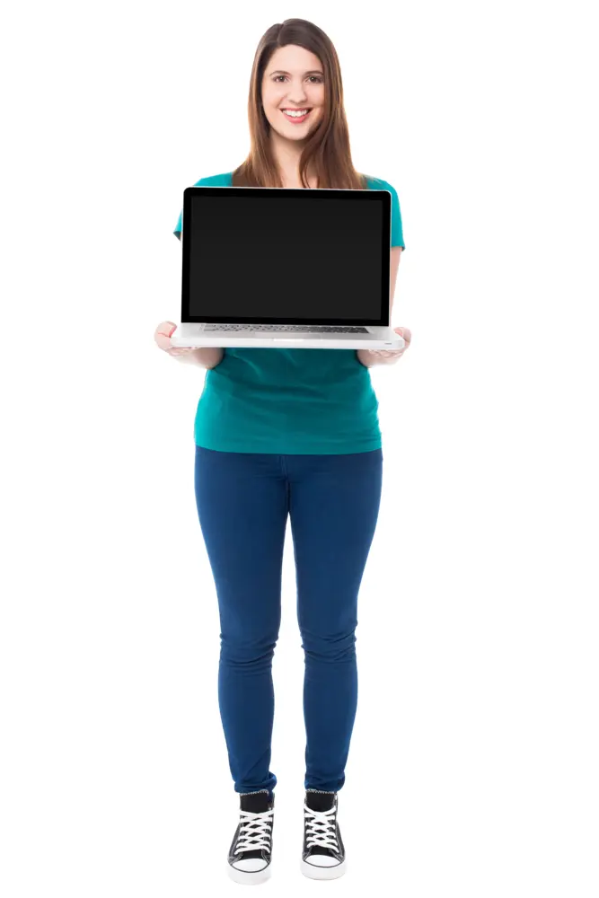 Smiling Woman Holding Laptop