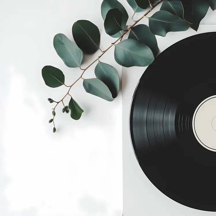 Black Vinyl Record with Eucalyptus Leaves
