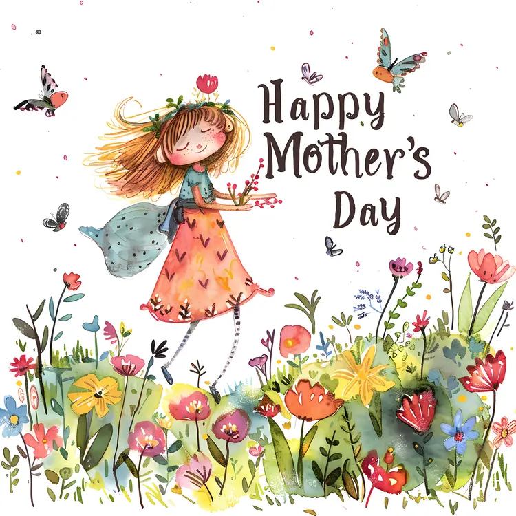 Happy Mother's Day Card with Girl and Flowers