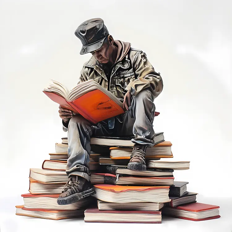 Man Reading Book on Stack of Books