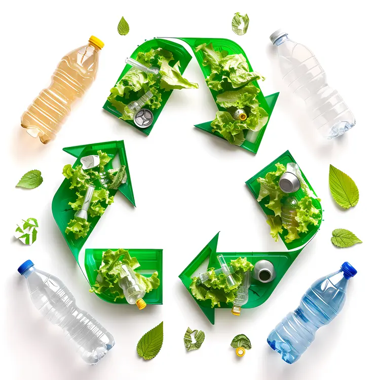 Recycling symbol with bottles and leaves