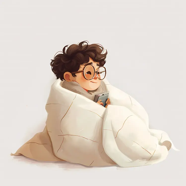 Cozy Boy with Glasses Wrapped in Blanket