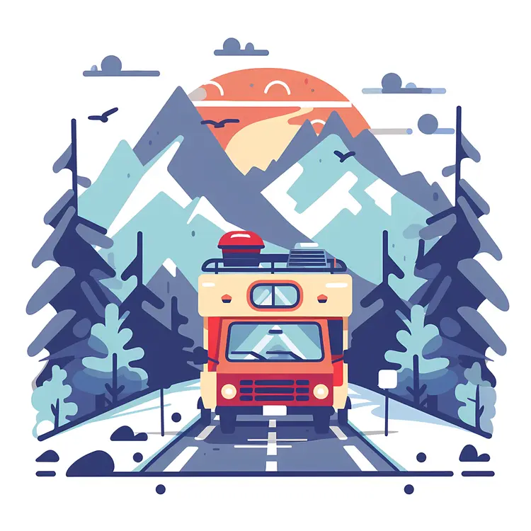 Red RV in Mountain Landscape