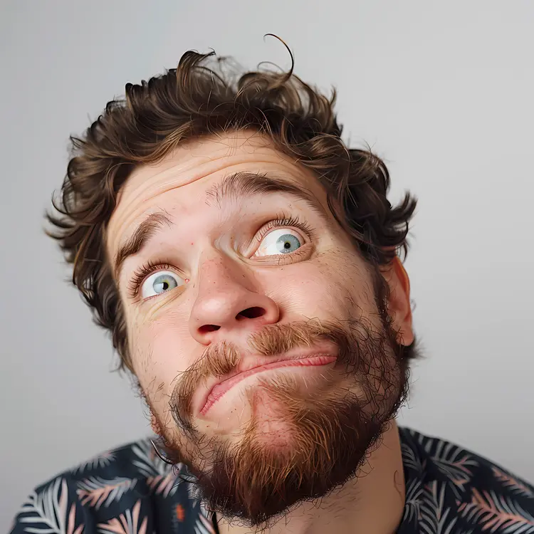 Curly-Haired Man Making a Funny Face