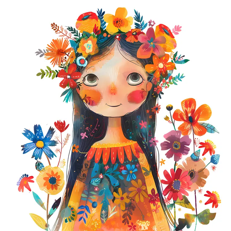 Cute Girl with Colorful Flowers Illustration
