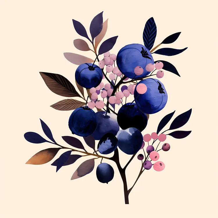 Watercolor Blueberries with Leaves