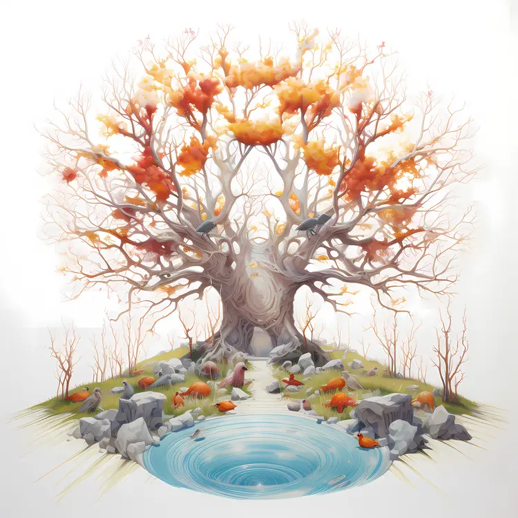 Tree with a Pond and Rocks in a Scenic Landscape