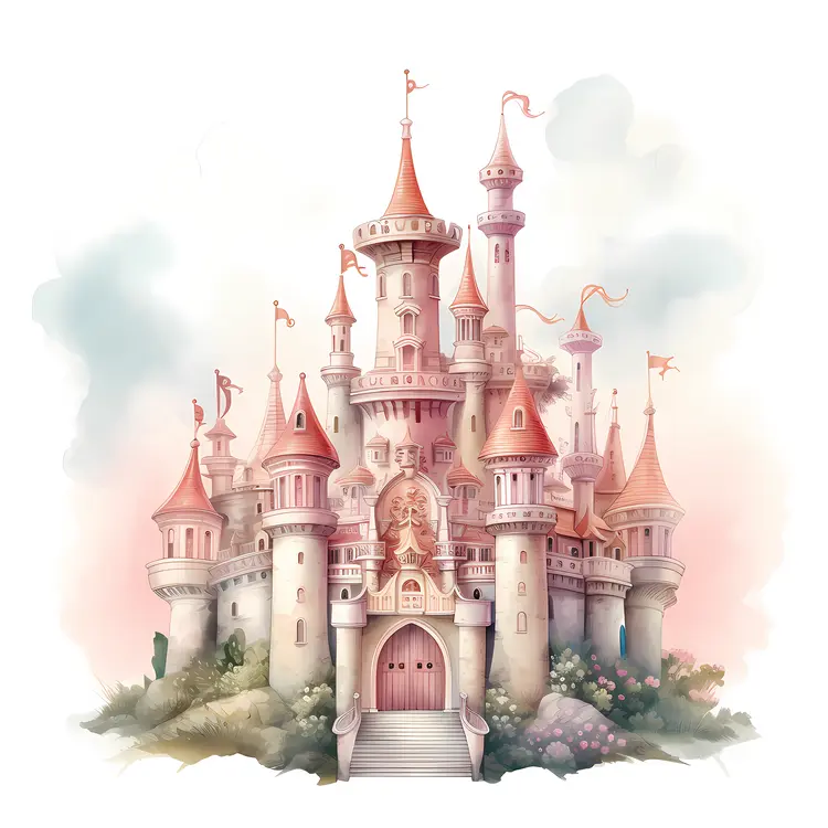 White Fantasy Castle with Turrets and Flags