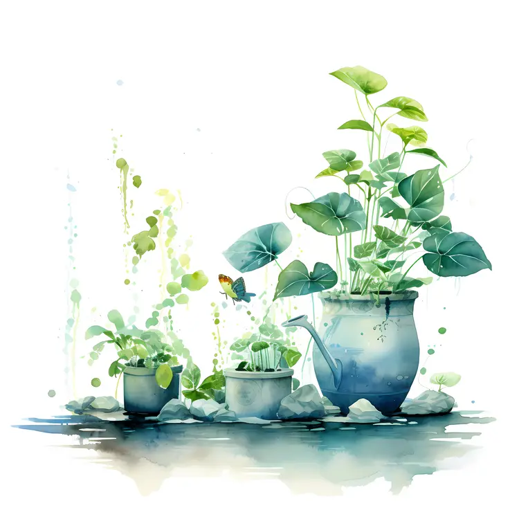 Green Plants in Pots with Watering Can