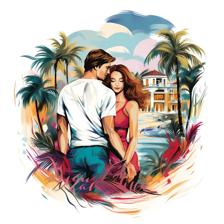 Romantic Couple by Beach House with Palm Trees