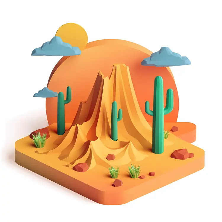 Desert Landscape with Cacti and Mountains