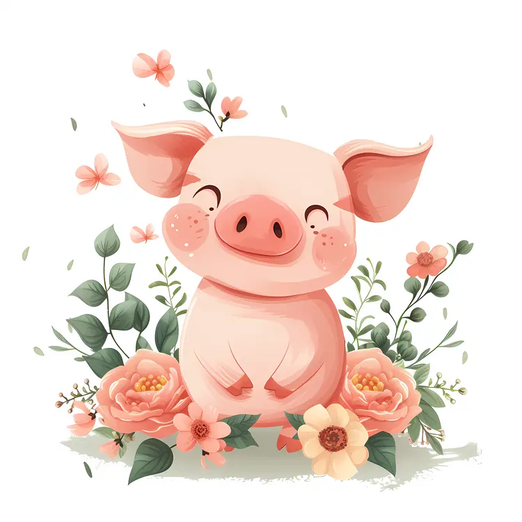 Happy Piglet Surrounded by Flowers