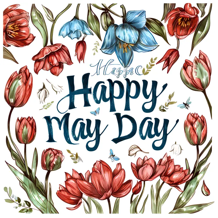 Happy May Day with Tulips and Flowers
