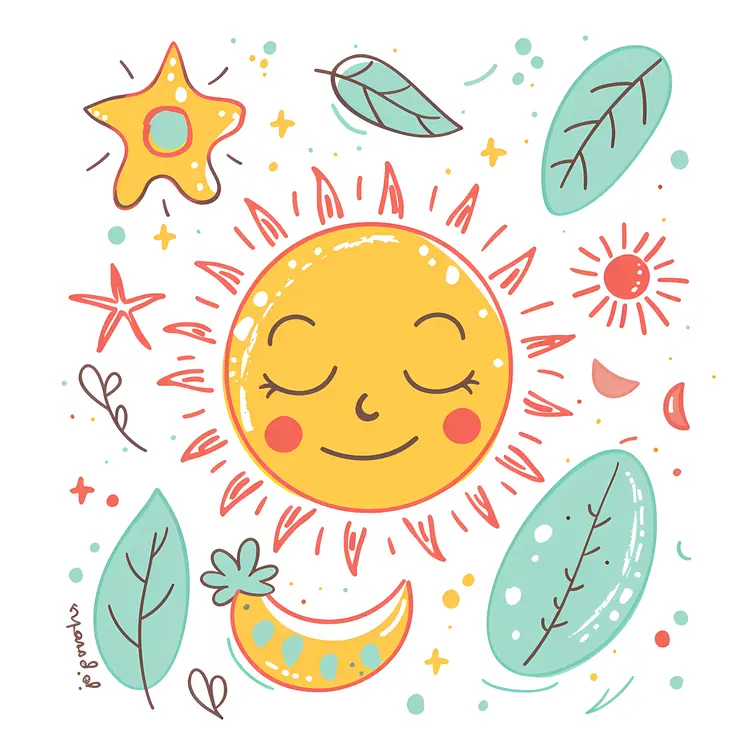Cute Doodle Sun with Leaves