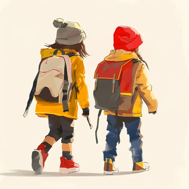 Two Children with Backpacks in Winter