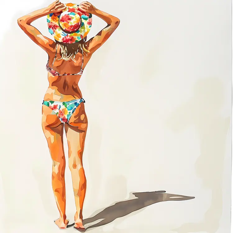 Woman in Colorful Bikini and Hat
