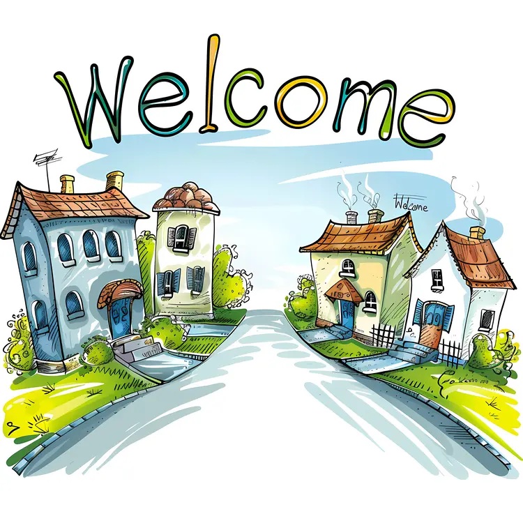 Cartoon Welcome Sign with Houses