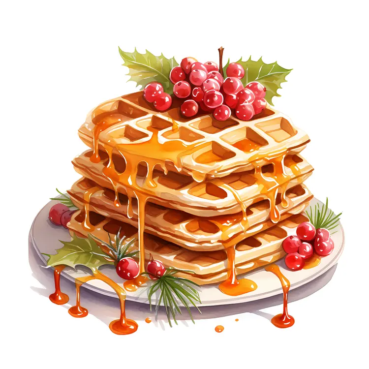 Christmas Waffles with Caramel and Holly