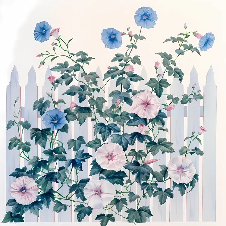 Morning Glory Flowers on White Fence