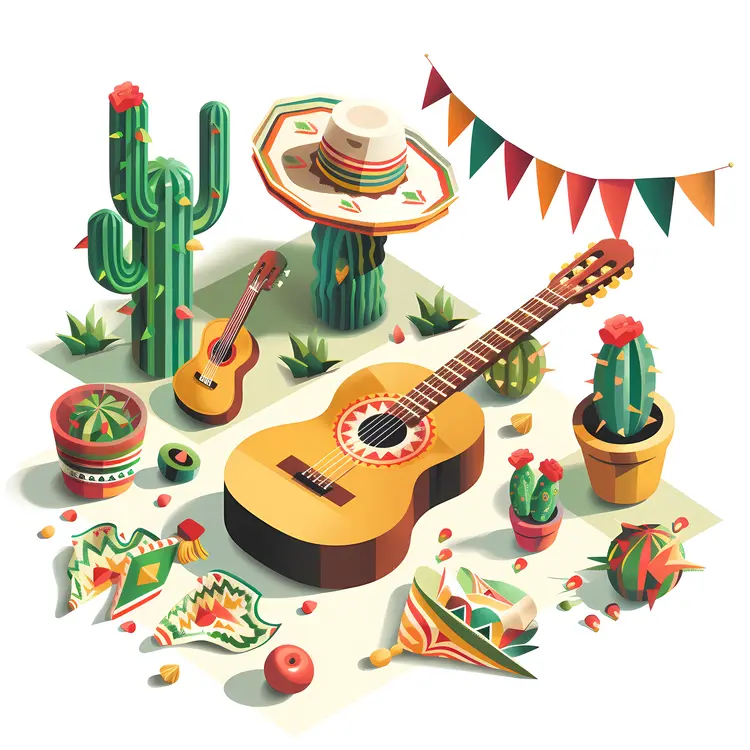 Mexican Cultural Elements with Guitar and Cactus